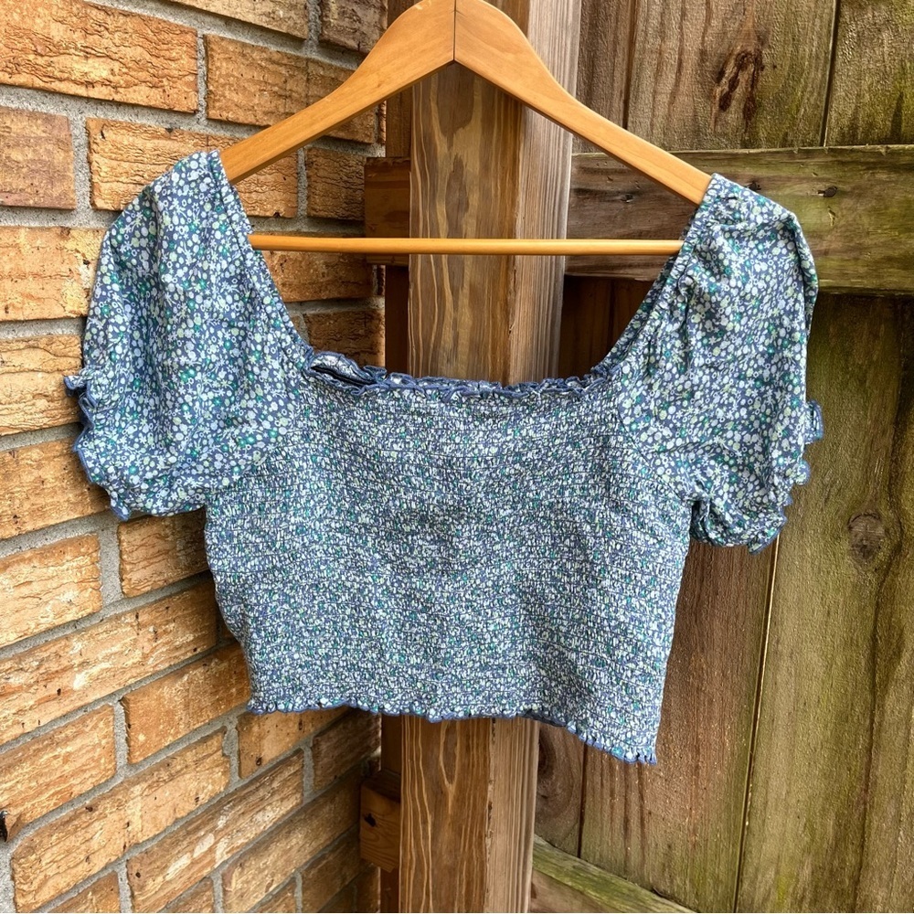 Aerie Blue Floral Puff Sleeve Crop Top Cottagecore
